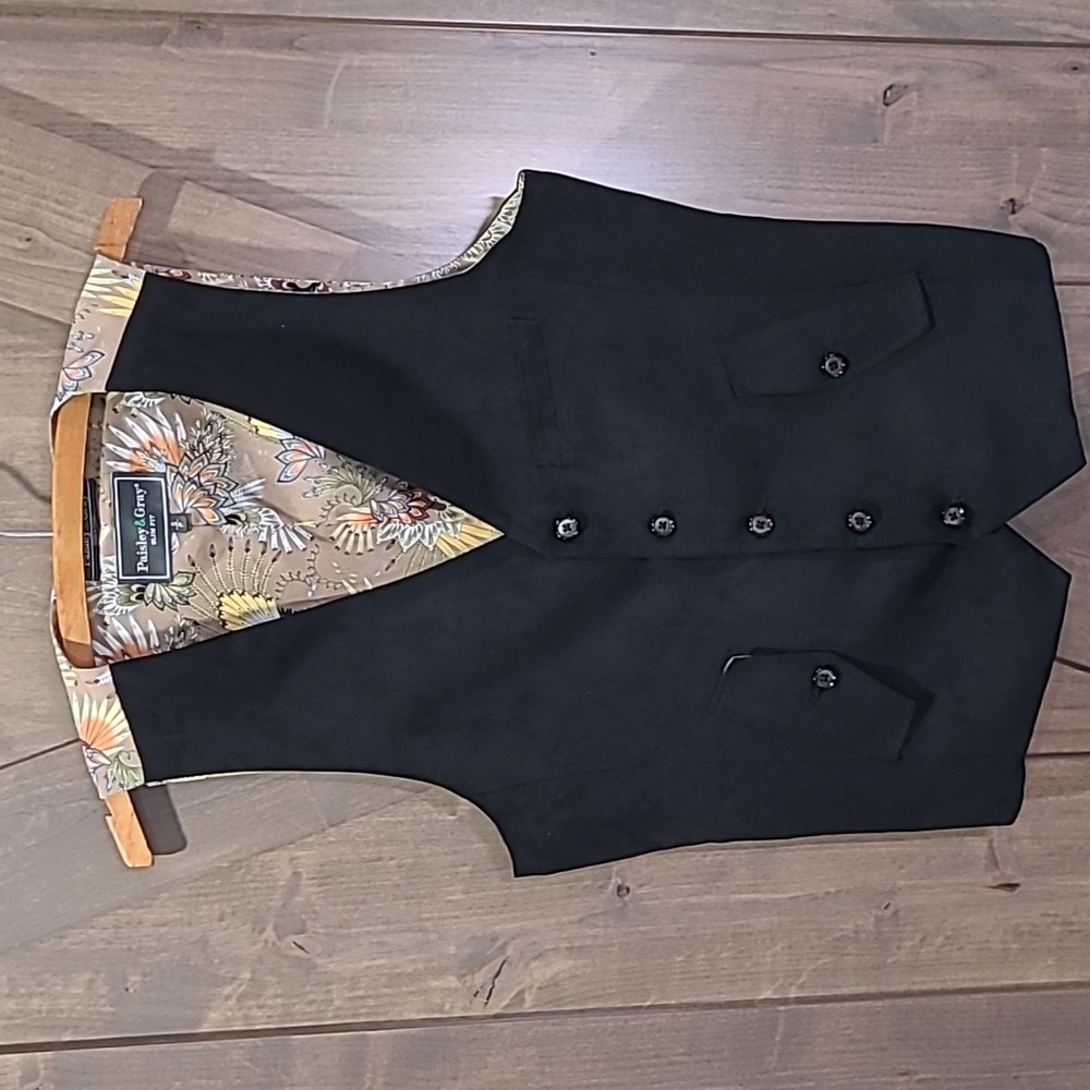Paisley & Gray Black Microfiber Slim Fit Vest Feather Print S